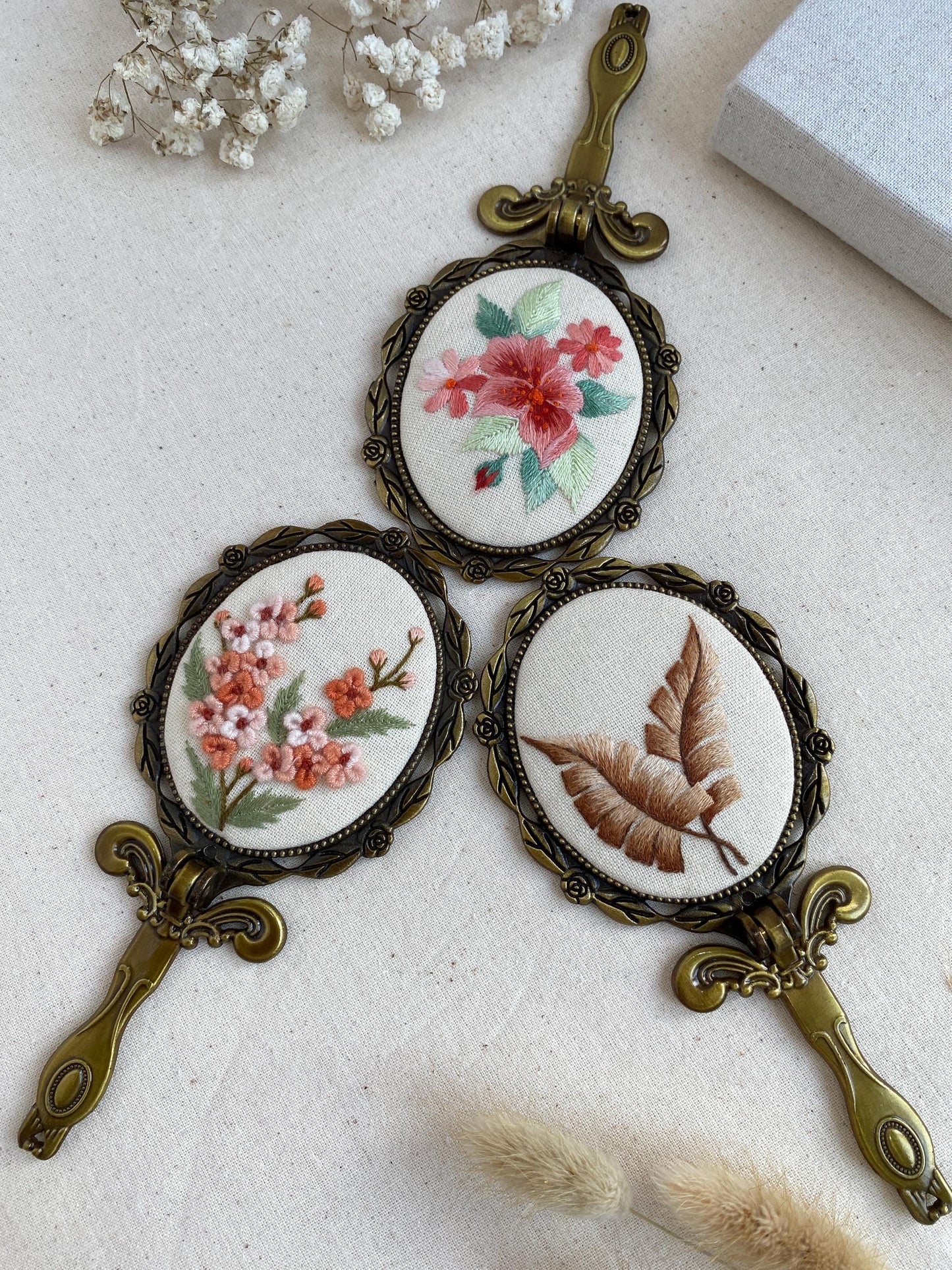 3D Floral Embroidered Hand Mirror