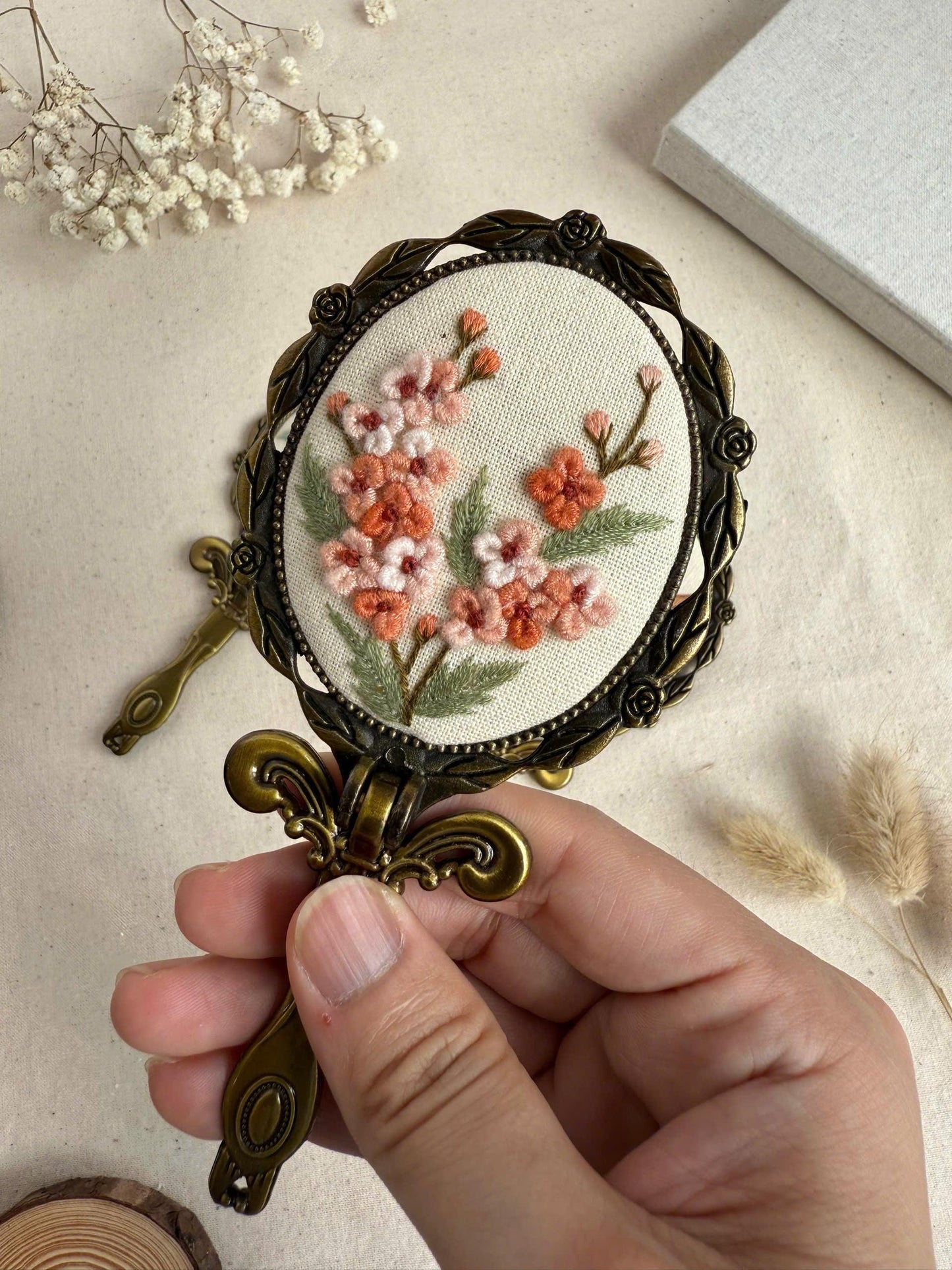 3D Floral Embroidered Hand Mirror