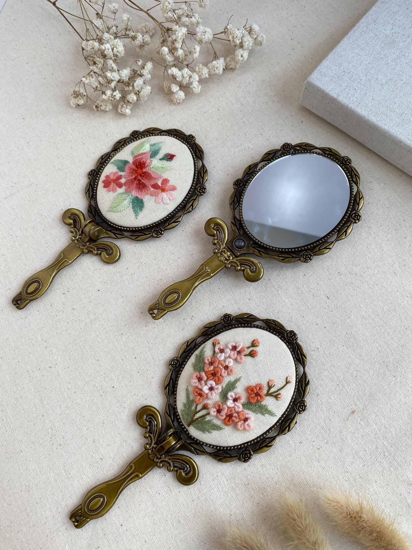 3D Floral Embroidered Hand Mirror