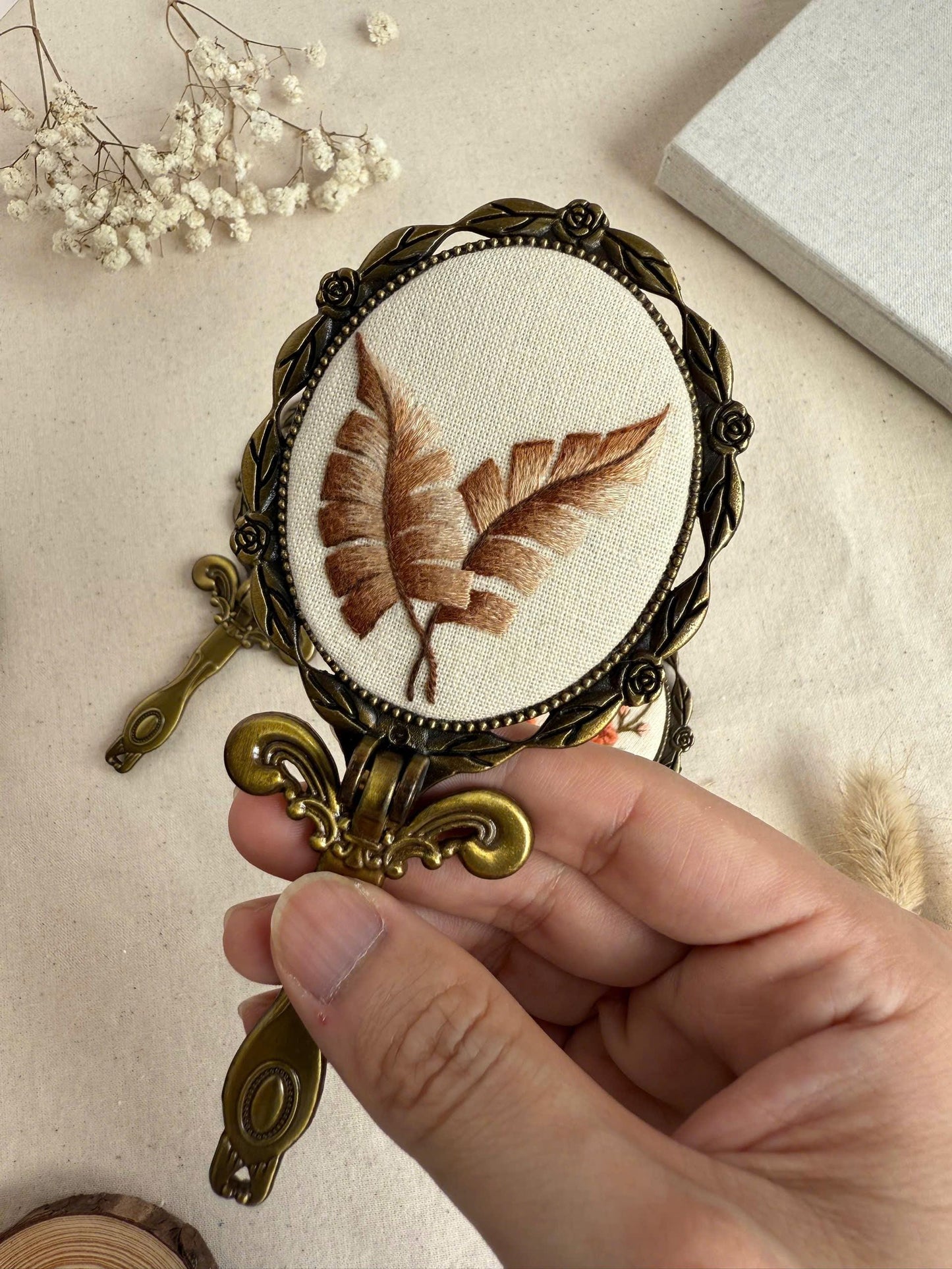 3D Floral Embroidered Hand Mirror