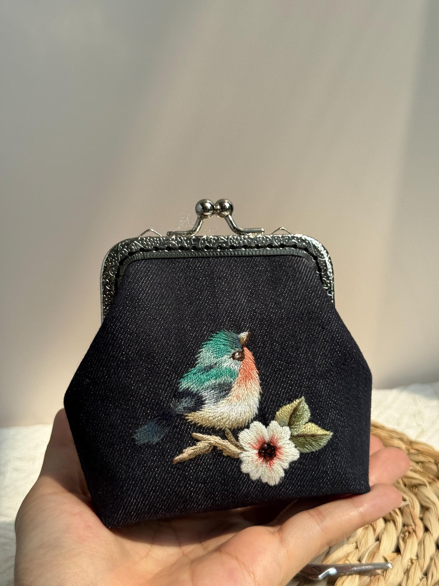 Embroidered Coin Purse with Bird Design