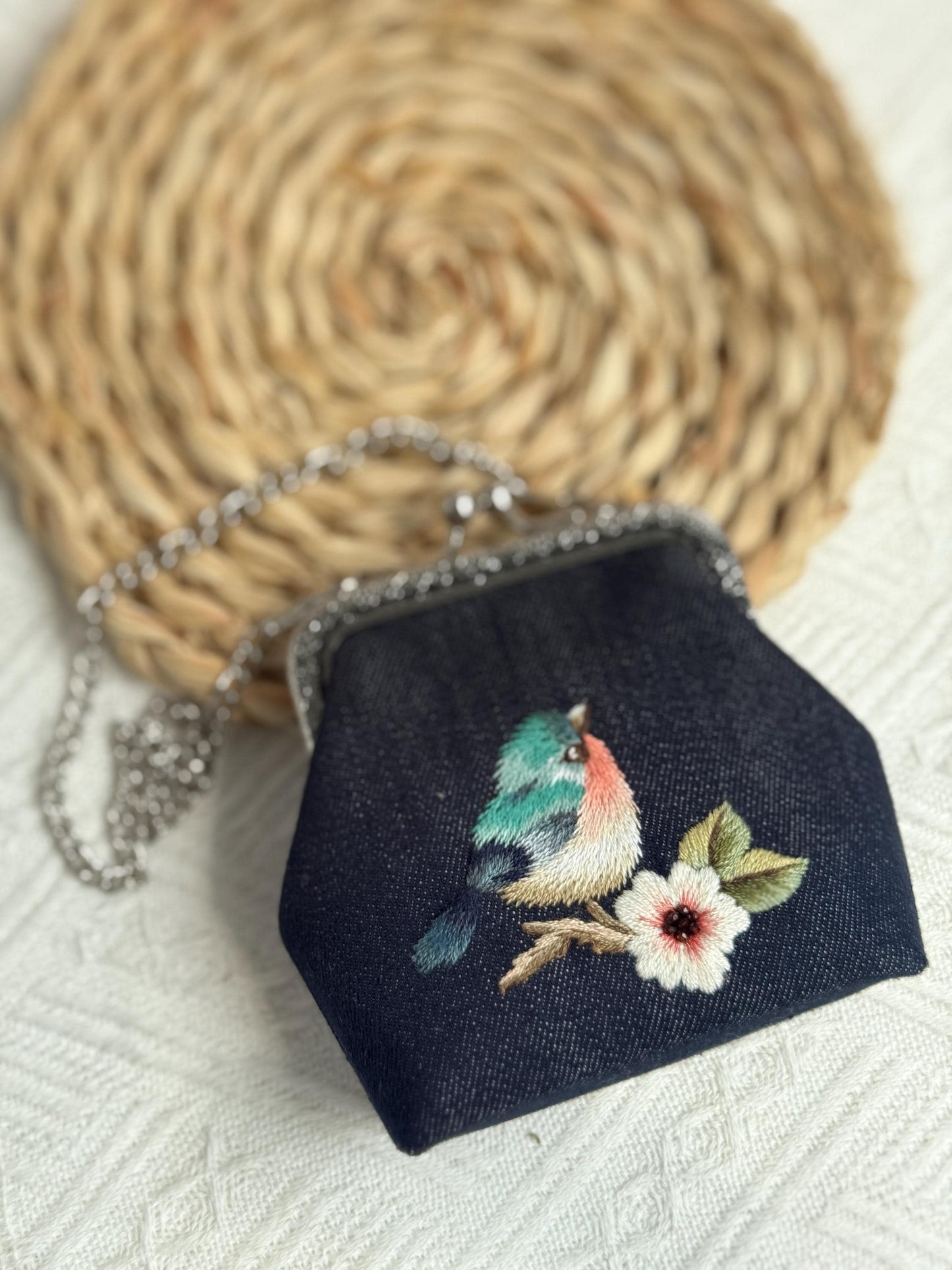Embroidered Coin Purse with Bird Design