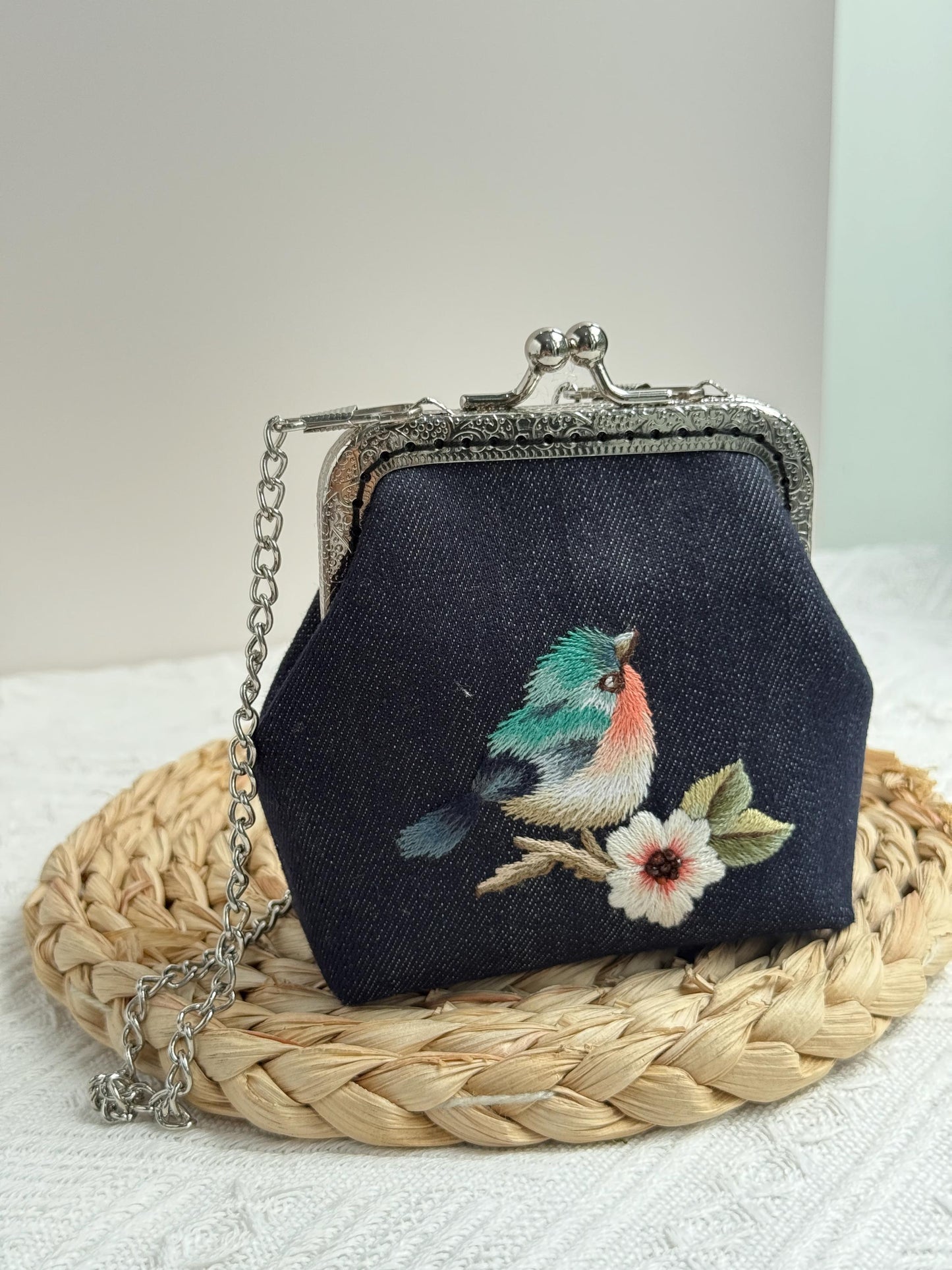 Embroidered Coin Purse with Bird Design