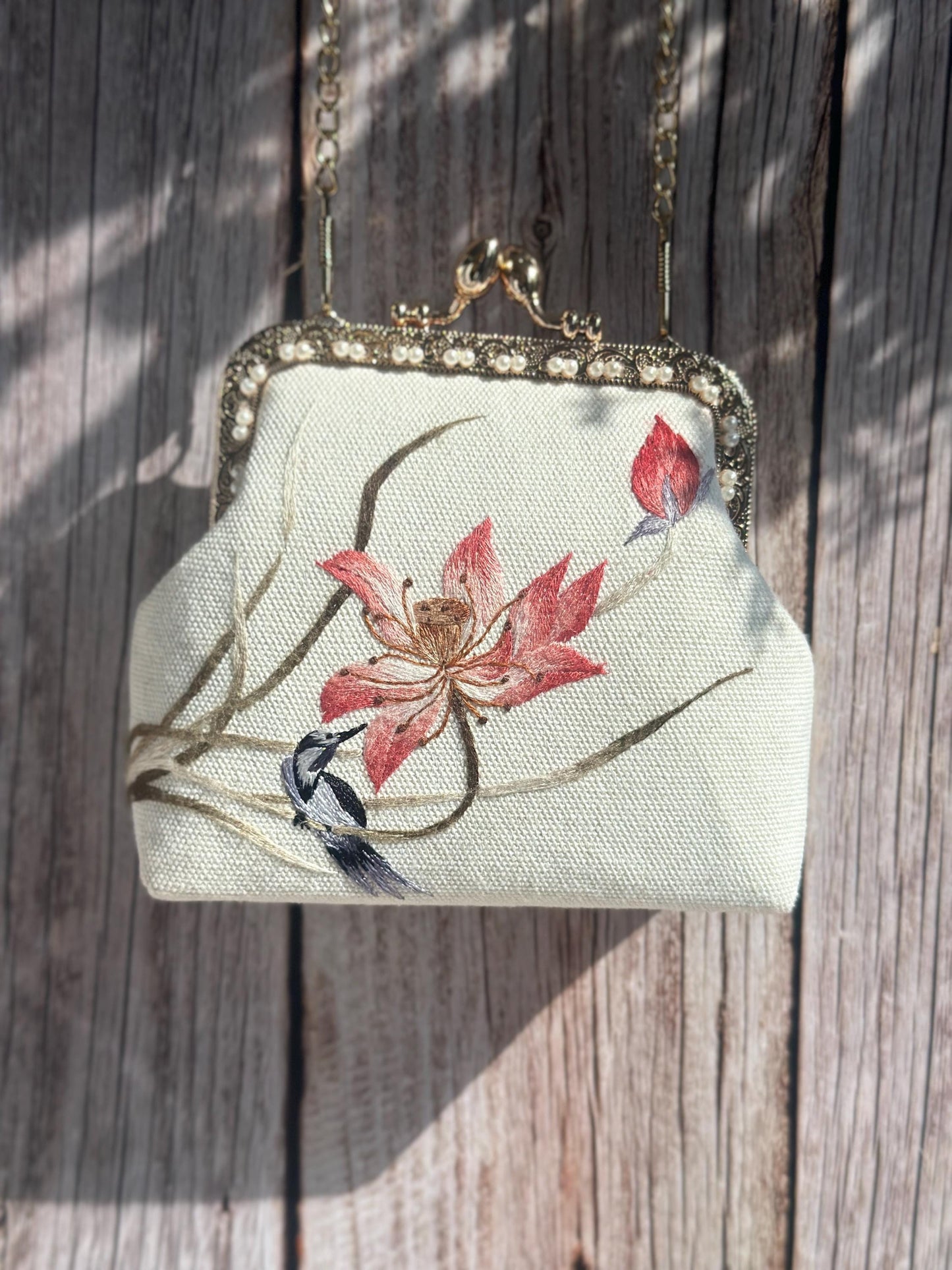 Embroidered Lotus Kiss Lock Purse