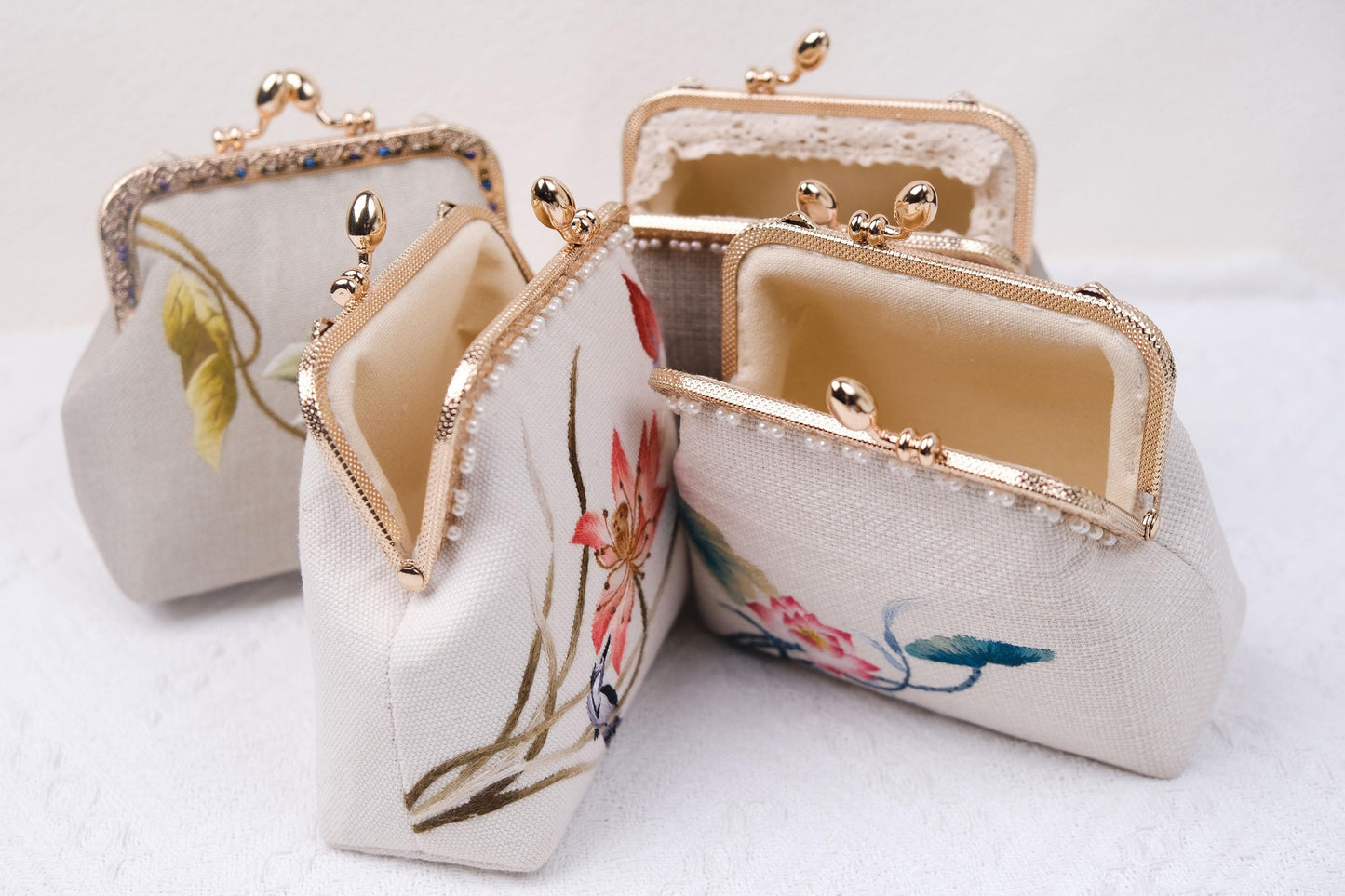 Embroidered Lotus Kiss Lock Purse