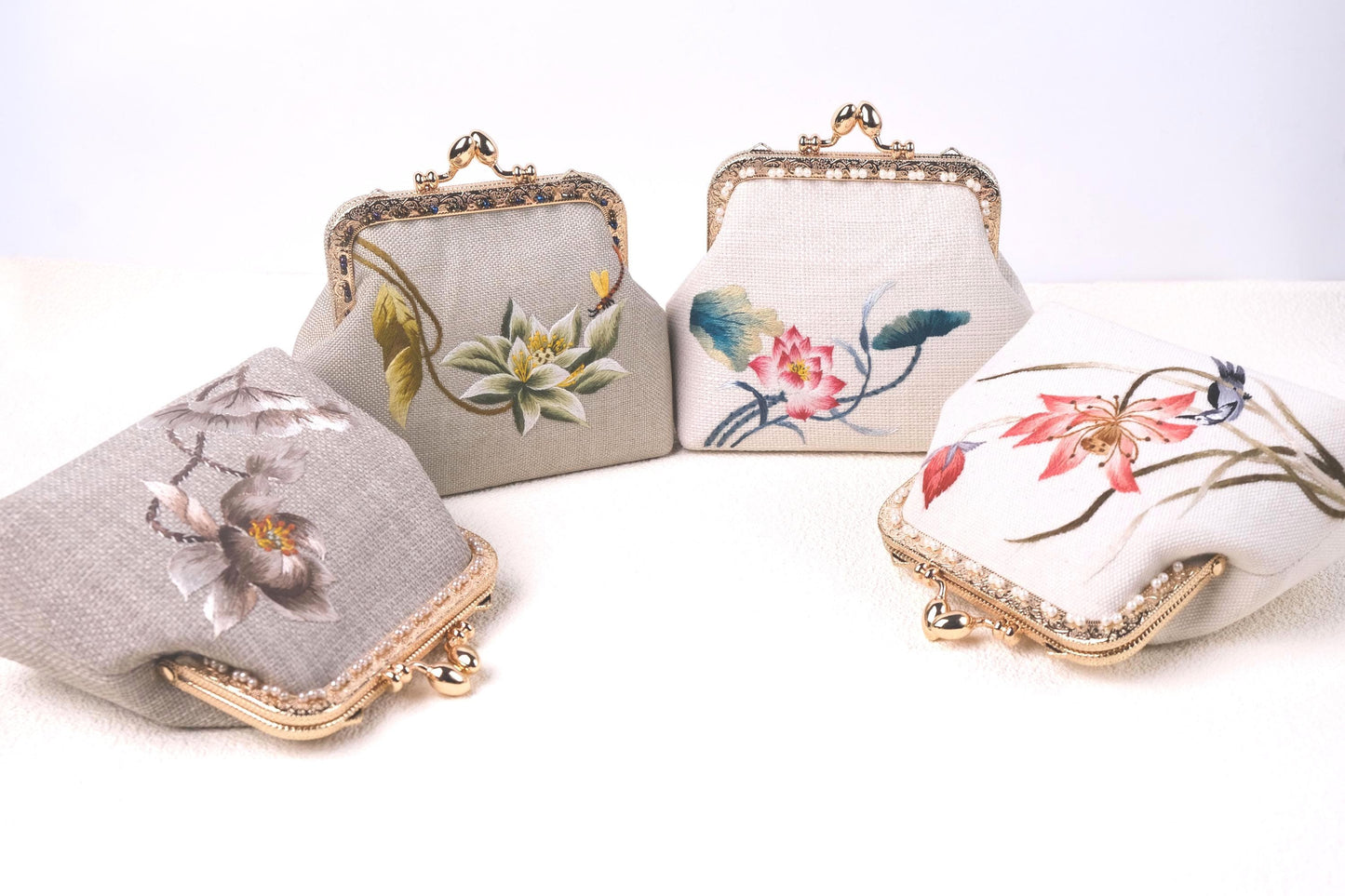 Embroidered Lotus Kiss Lock Purse
