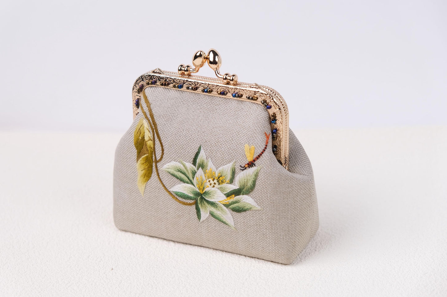 Embroidered Lotus Kiss Lock Purse