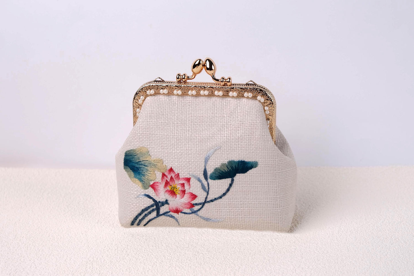 Embroidered Lotus Kiss Lock Purse