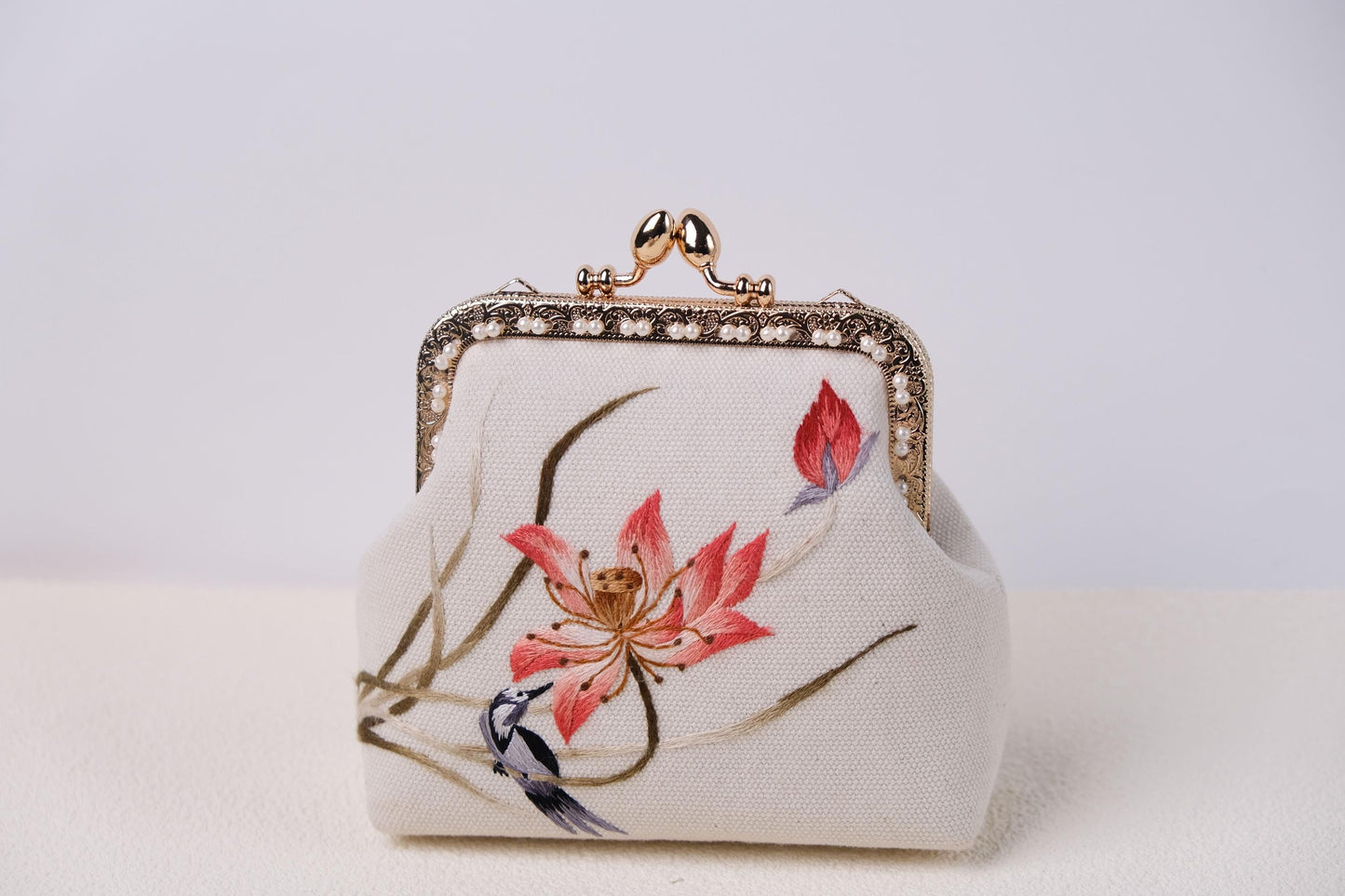 Embroidered Lotus Kiss Lock Purse