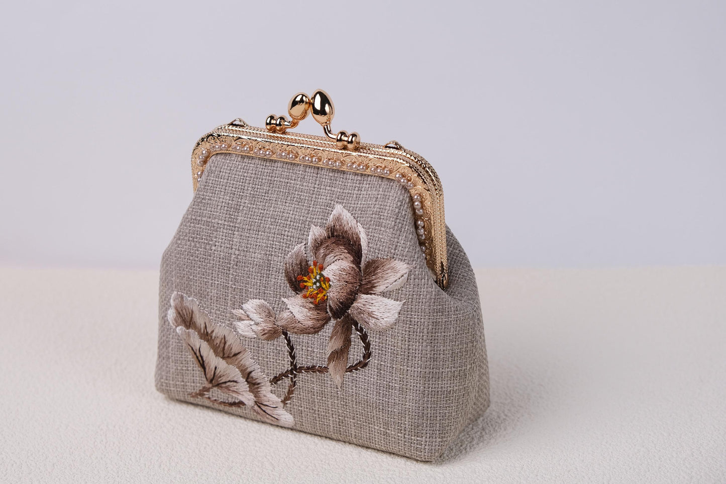 Embroidered Lotus Kiss Lock Purse