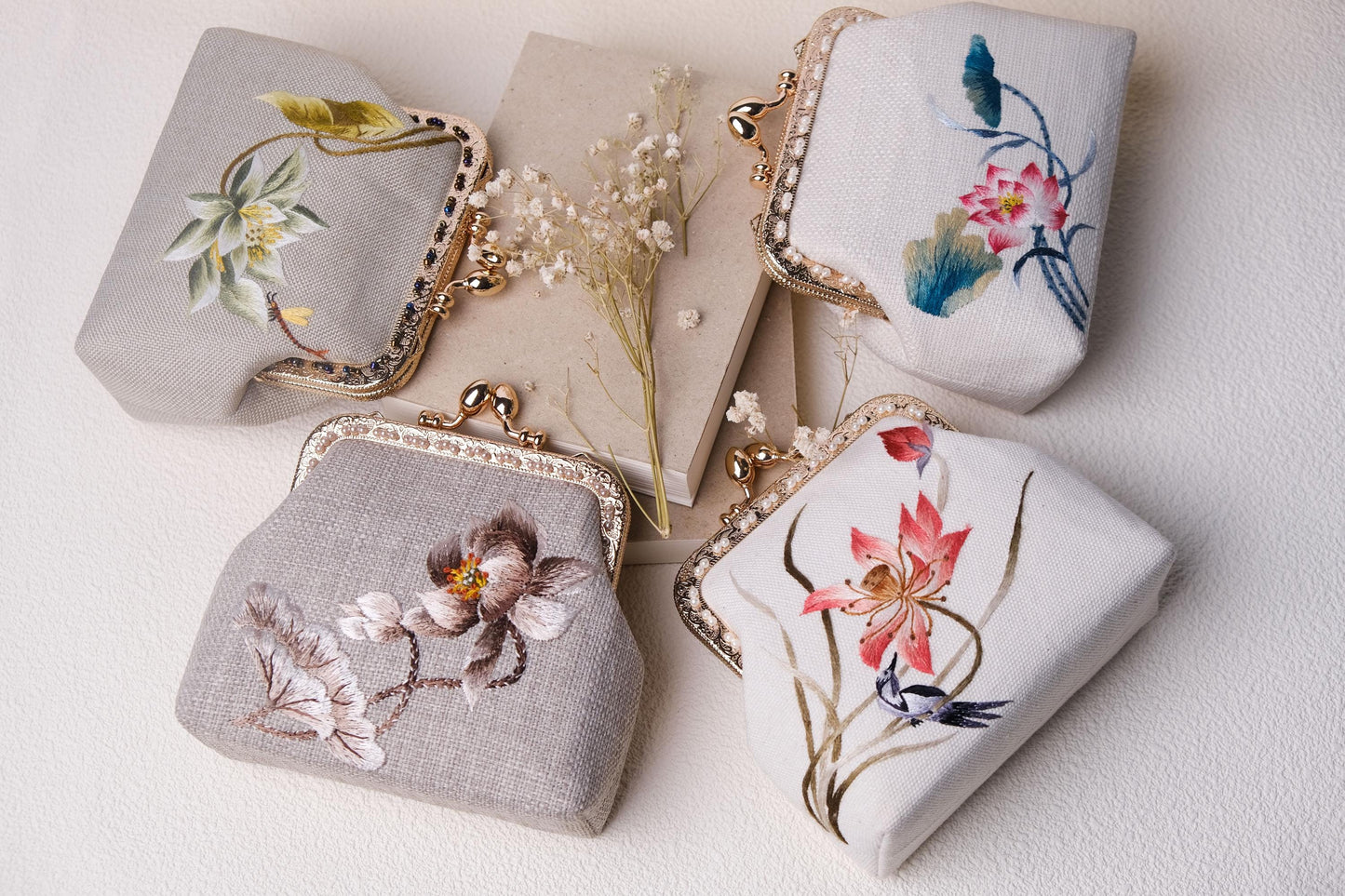 Embroidered Lotus Kiss Lock Purse