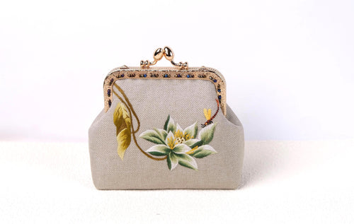 Embroidered Lotus Kiss Lock Purse