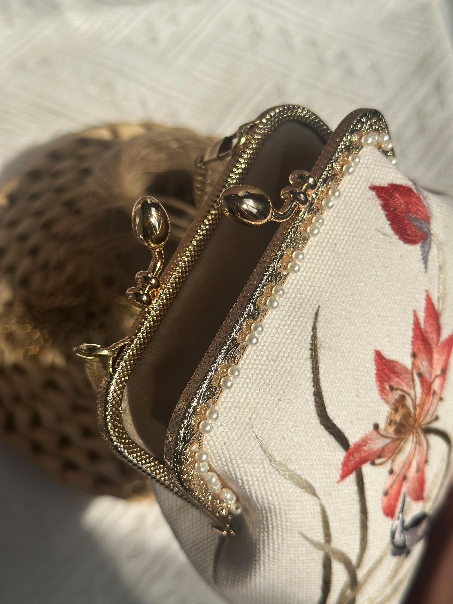 Embroidered Lotus Kiss Lock Purse