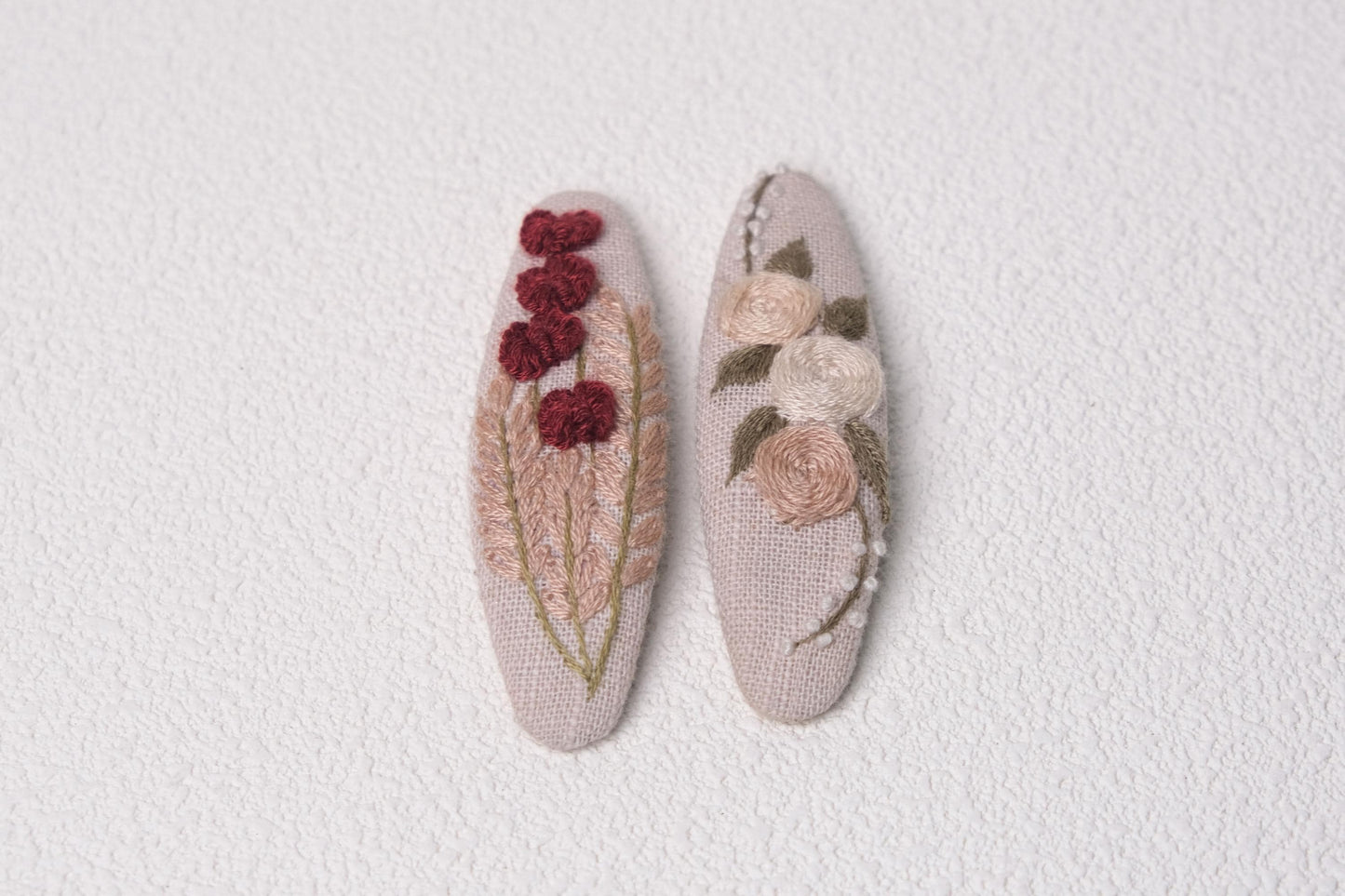 Floral Embroidered Hair Clips, Handmade Linen Barrettes for Girls & Women