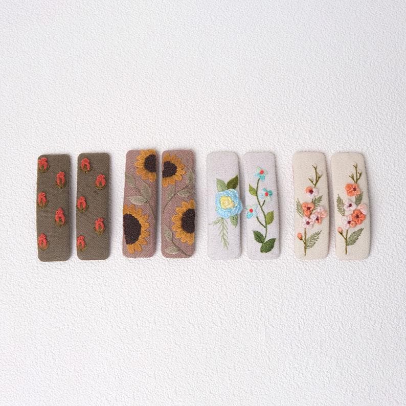 Hand Embroidered Floral Hair Clips