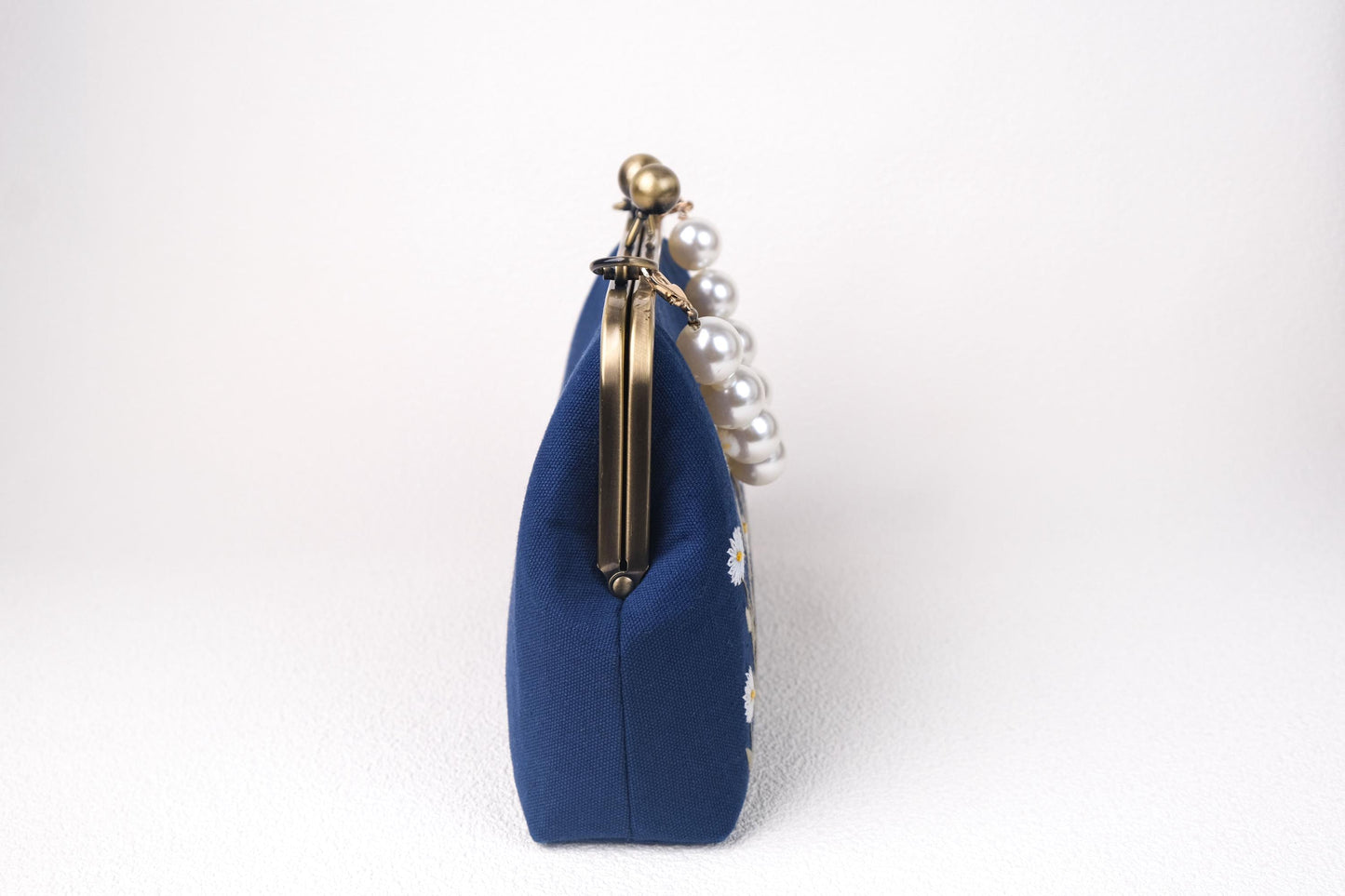 Navy Blue Embroidered Clutch with Pearl Handle