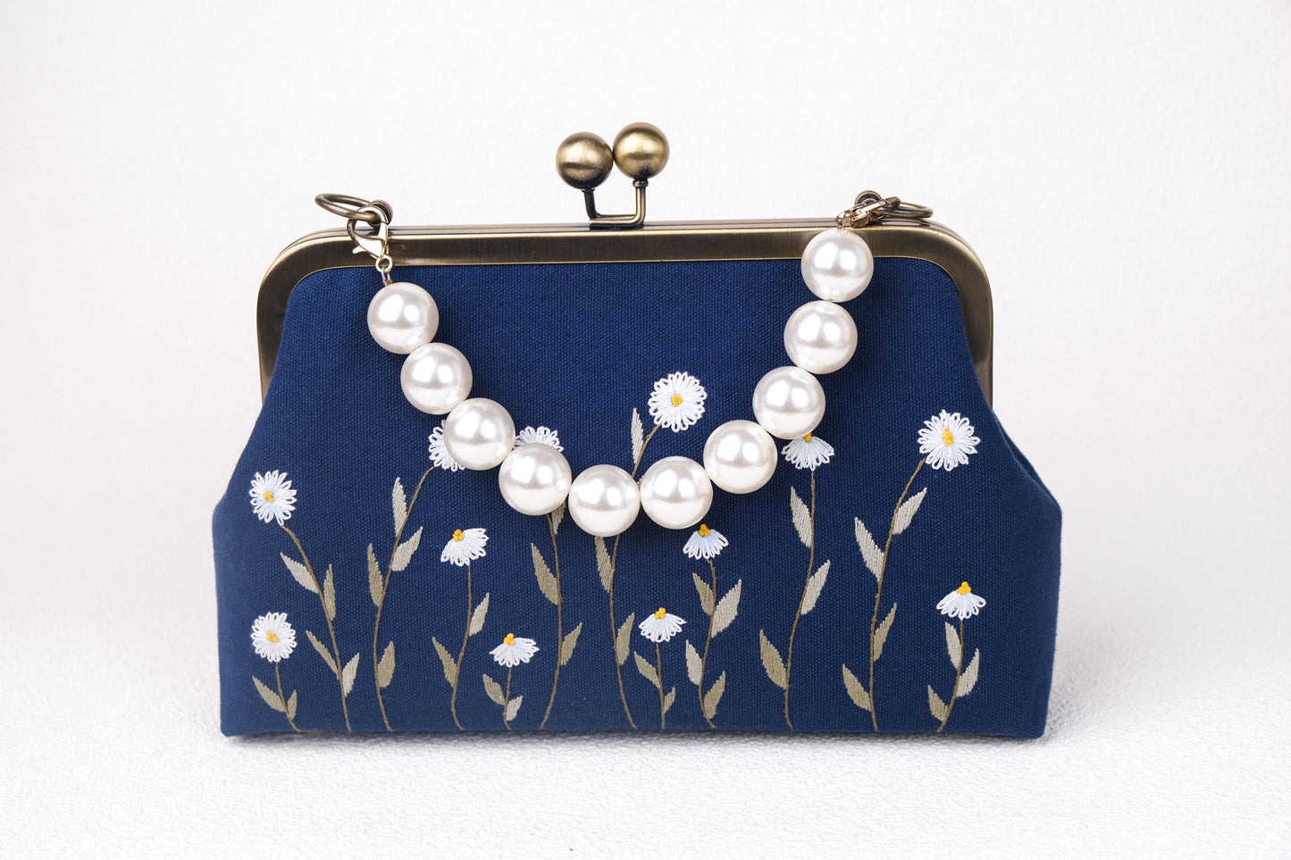 Navy Blue Embroidered Clutch with Pearl Handle