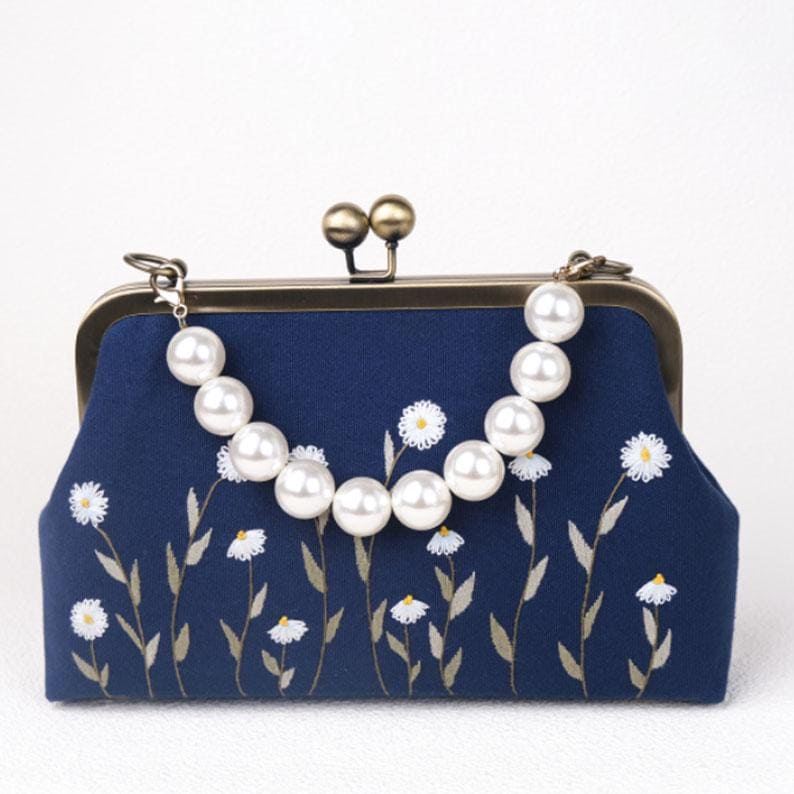 Navy Blue Embroidered Clutch with Pearl Handle