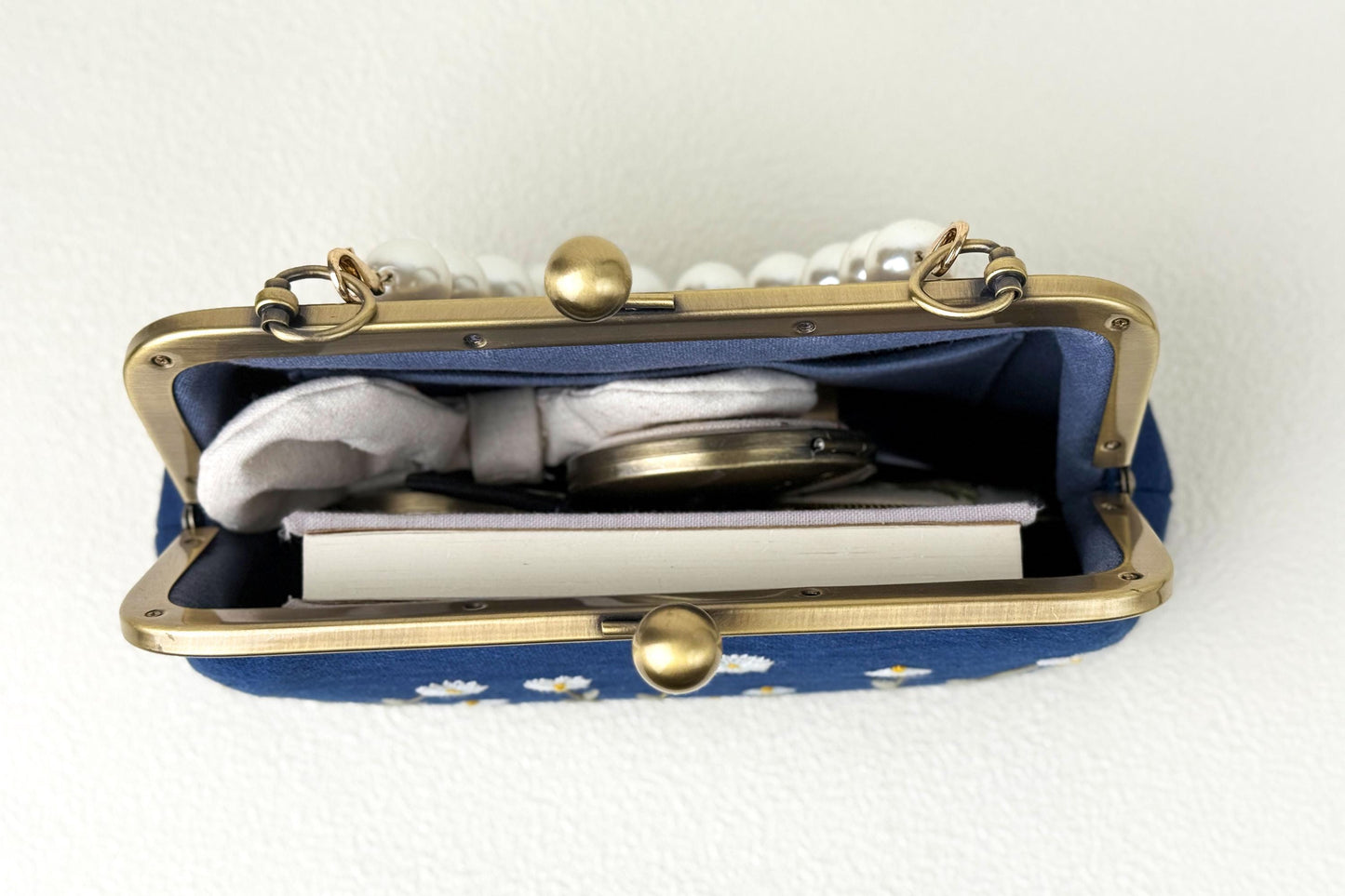 Navy Blue Embroidered Clutch with Pearl Handle