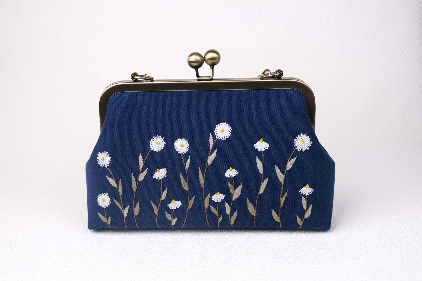 Navy Blue Embroidered Clutch with Pearl Handle