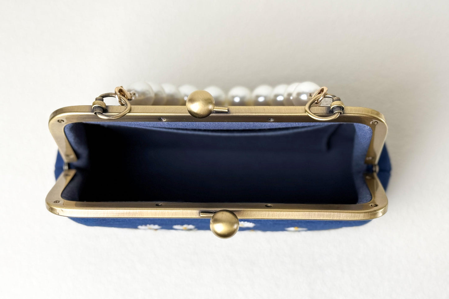 Navy Blue Embroidered Clutch with Pearl Handle