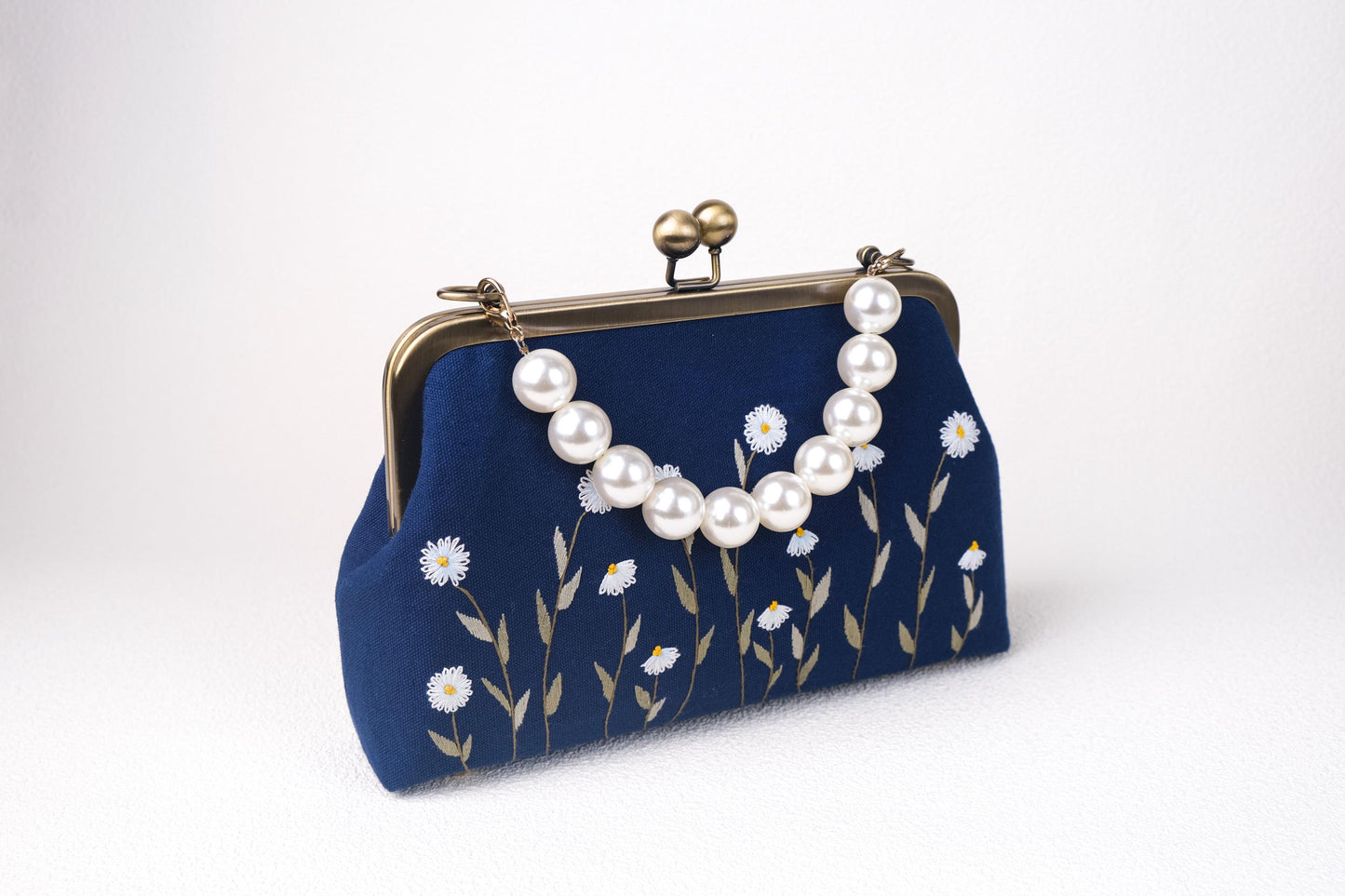 Navy Blue Embroidered Clutch with Pearl Handle