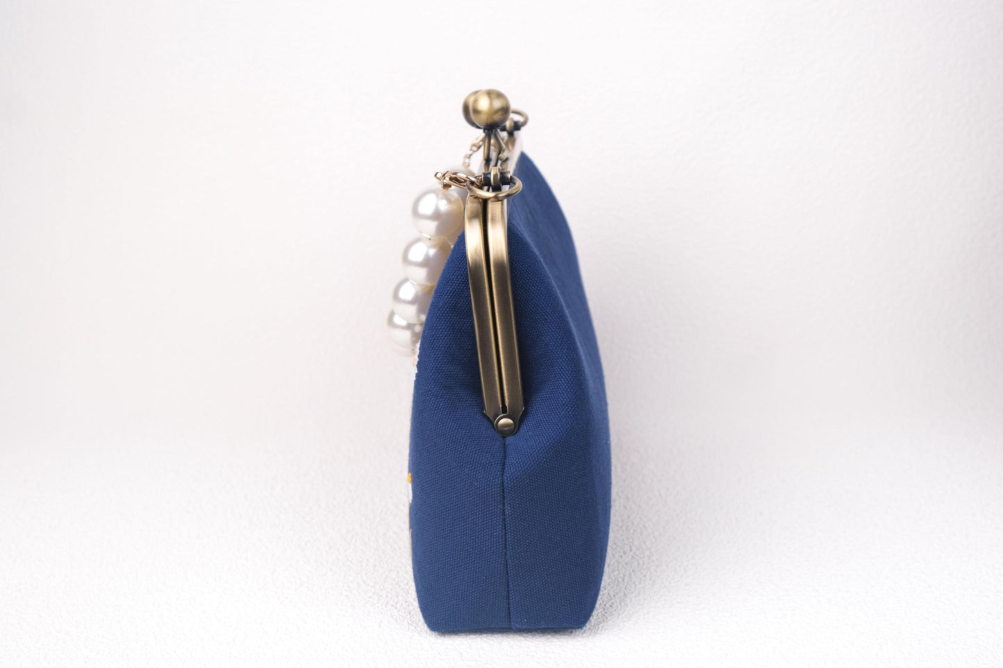 Navy Blue Embroidered Clutch with Pearl Handle