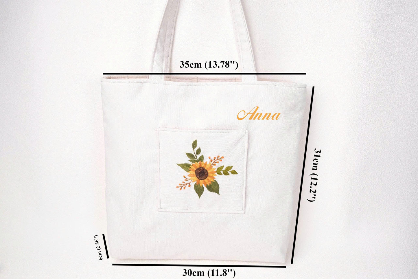 Personalized Linen Tote Bag with Daisy Embroidery