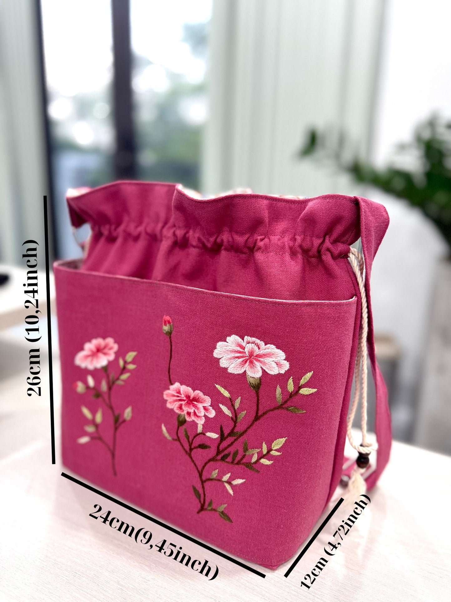 Pink Embroidered Linen Tote Bag for Girls