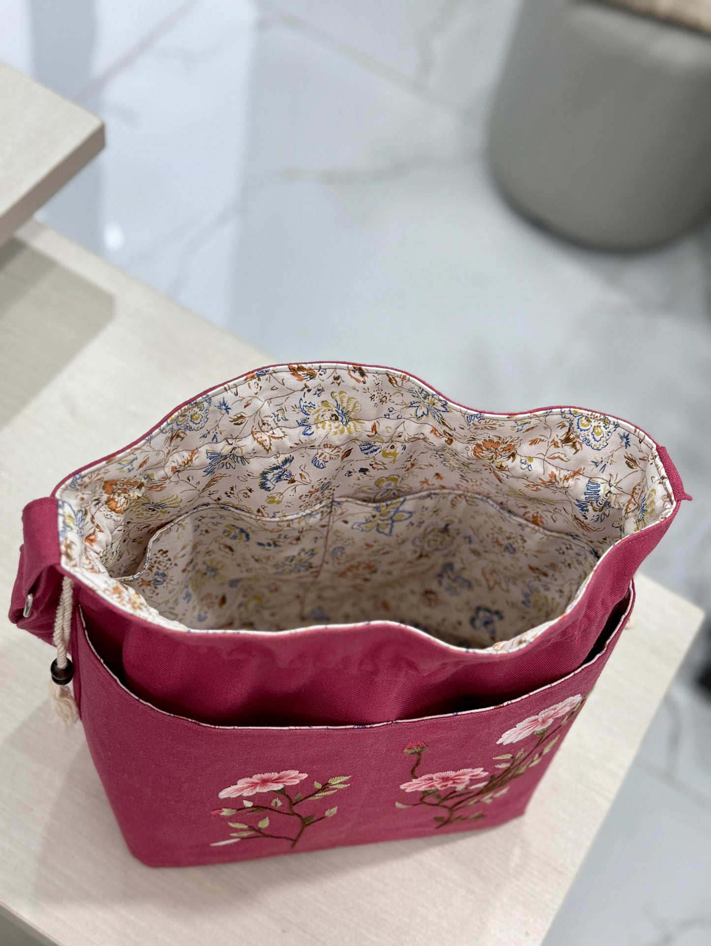 Pink Embroidered Linen Tote Bag for Girls