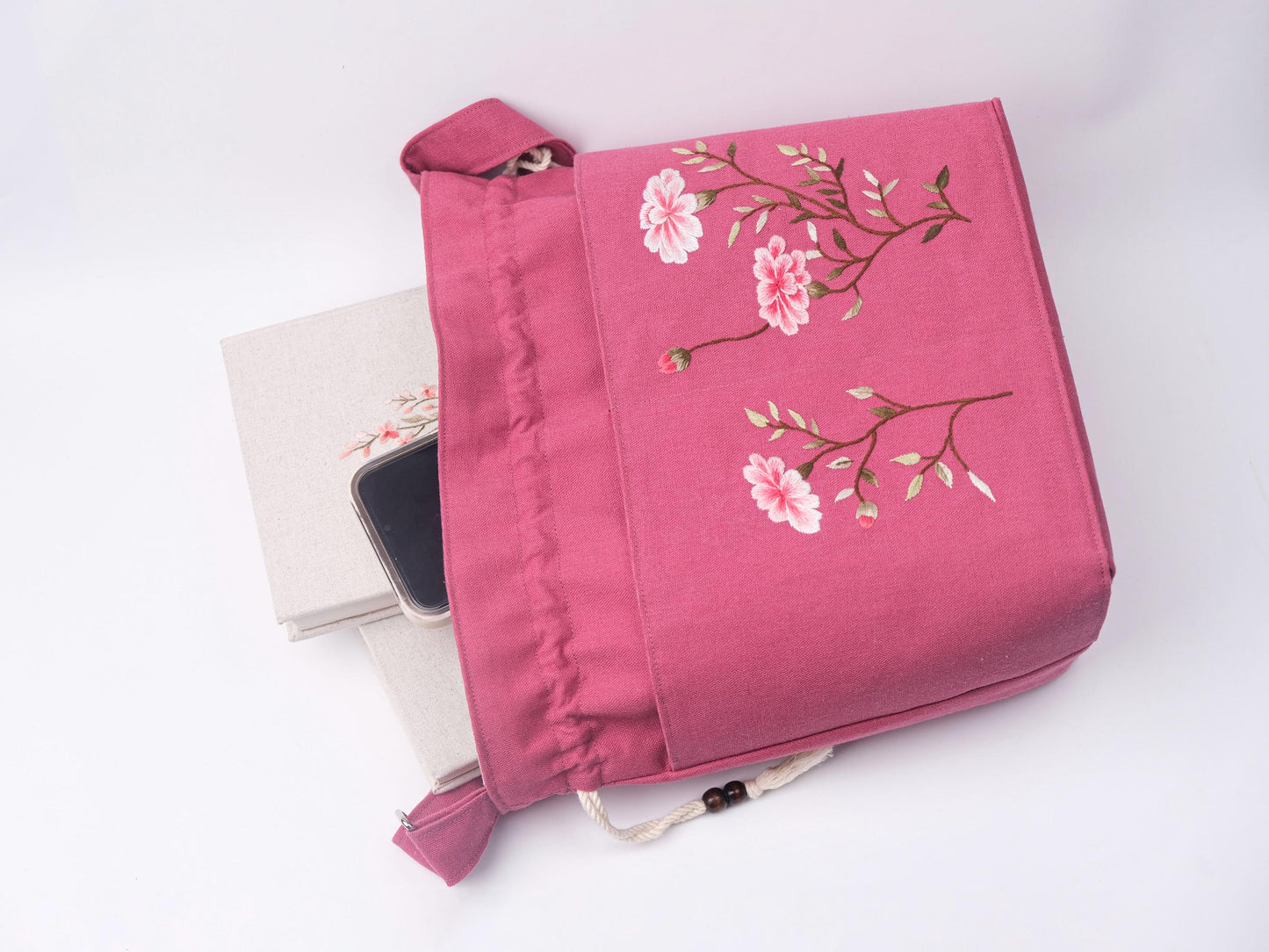 Pink Embroidered Linen Tote Bag for Girls
