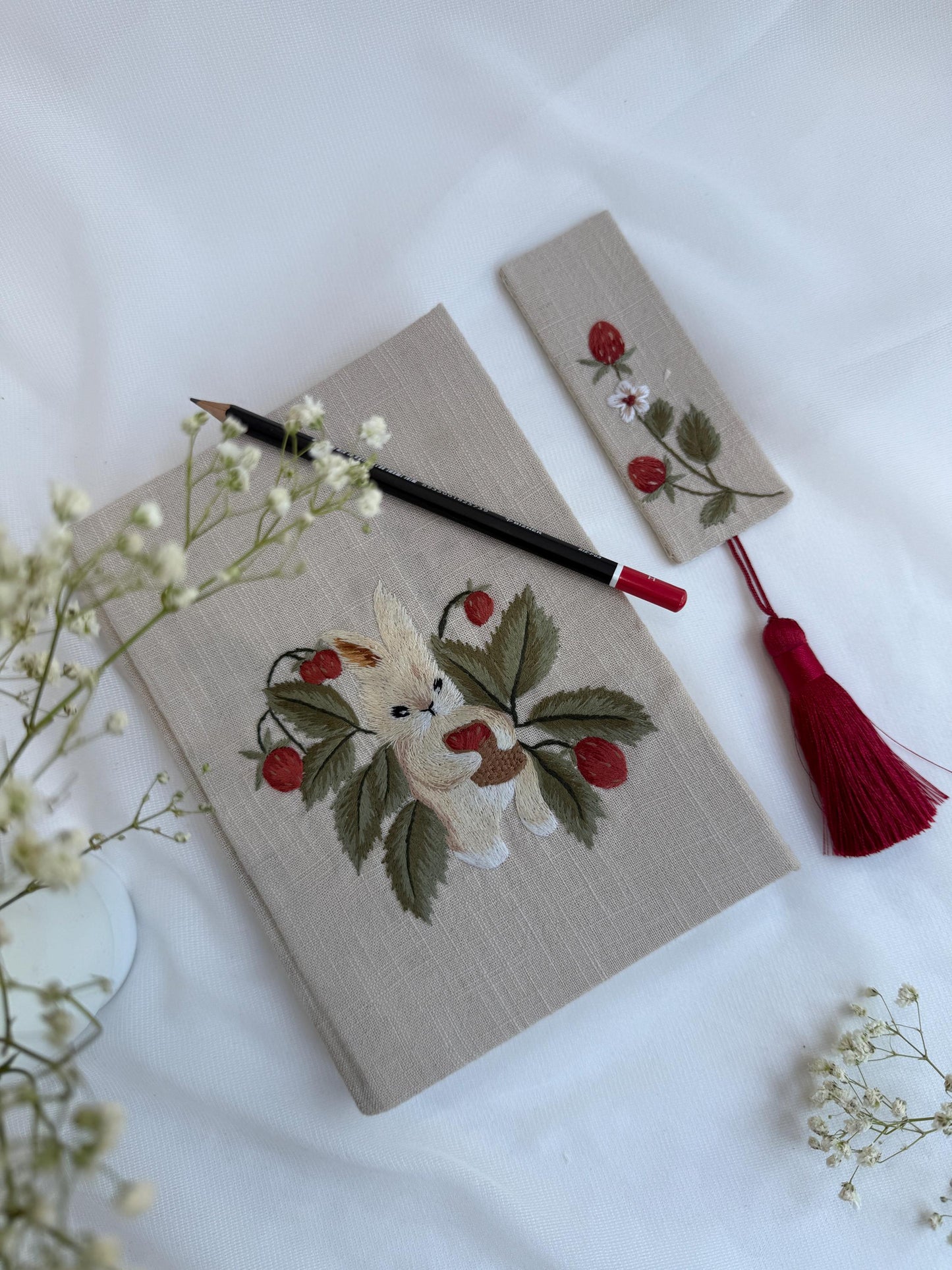 Strawberry Bunny Embroidered Notebook & Bookmark