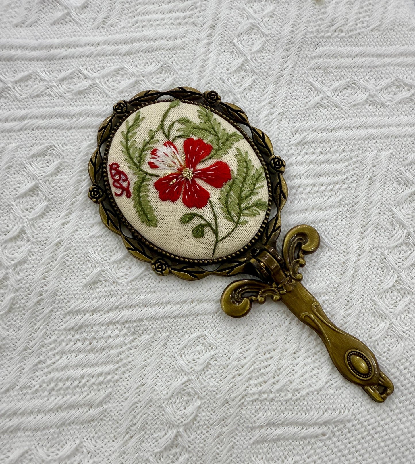 Vintage Oval Embroidered Hand Mirror