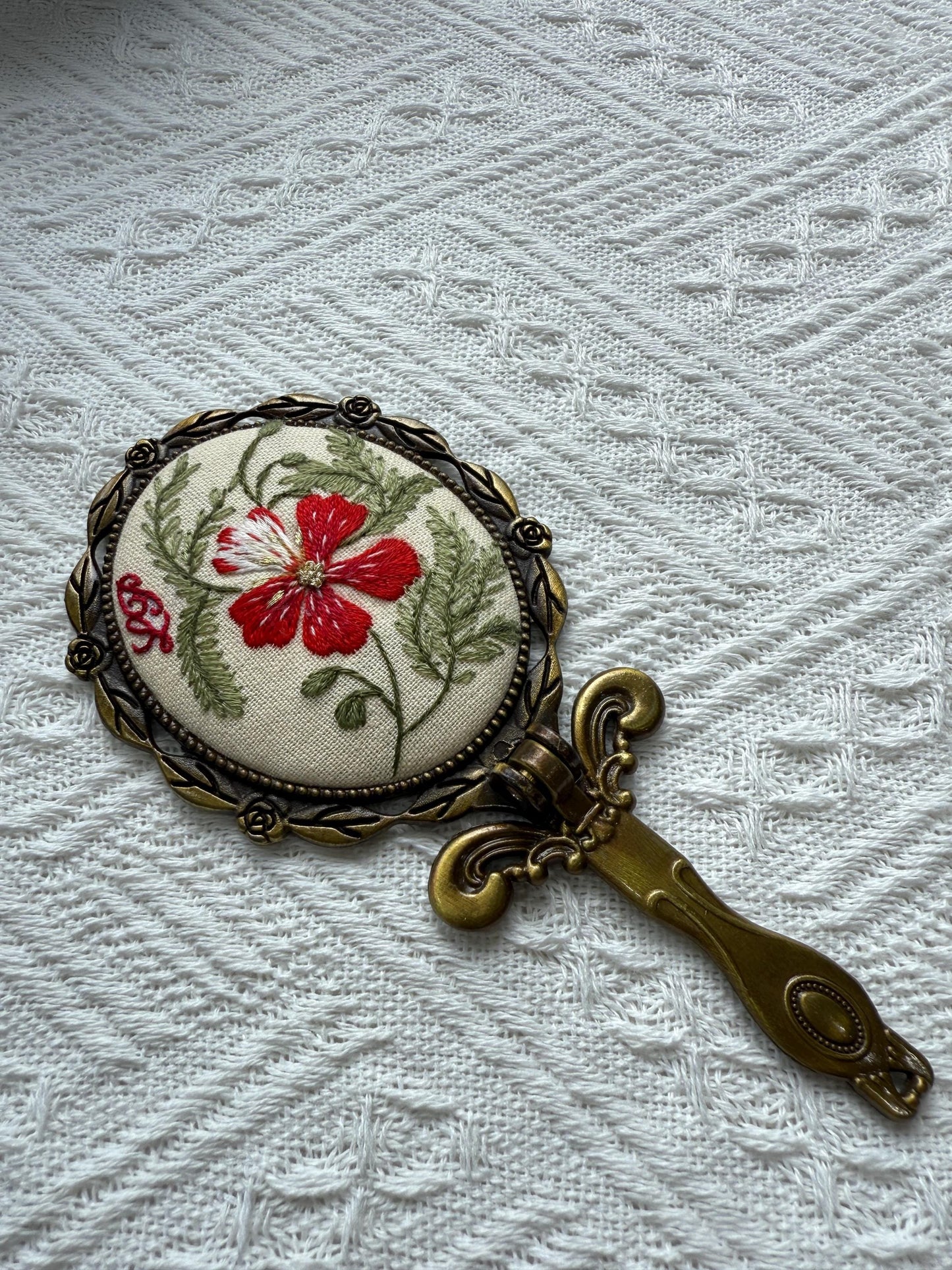 Vintage Oval Embroidered Hand Mirror