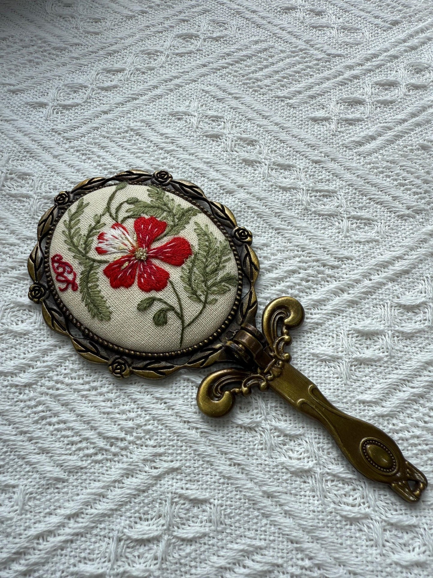 Vintage Oval Embroidered Hand Mirror