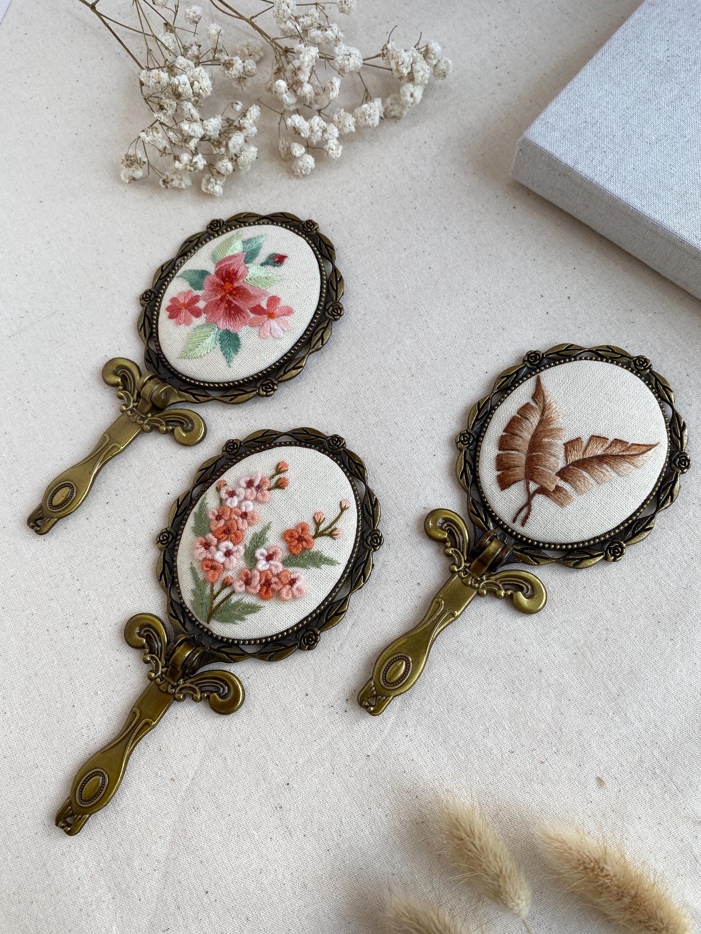 3D Floral Embroidered Hand Mirror