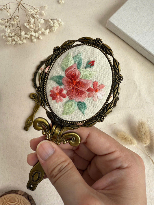 3D Floral Embroidered Hand Mirror
