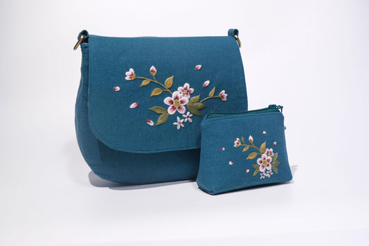 Blue Linen Crossbody Bag Set