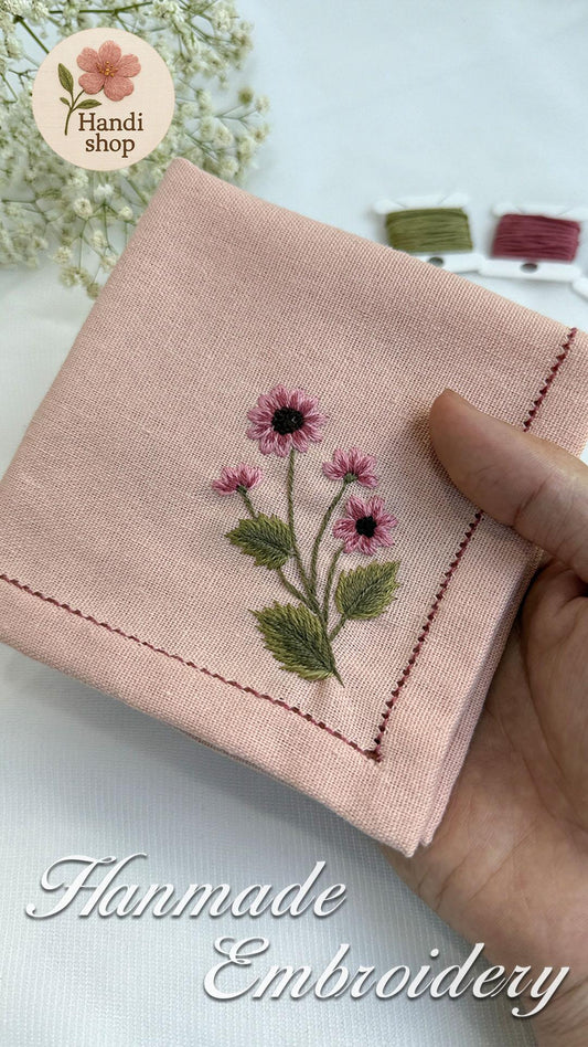 Delicate Floral Handkerchief, Hand Embroidery & Full Handmade Crochet Trim