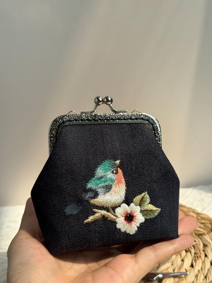 Embroidered Coin Purse with Bird Design