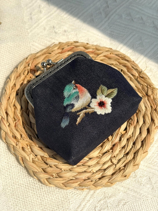 Embroidered Coin Purse with Bird Design
