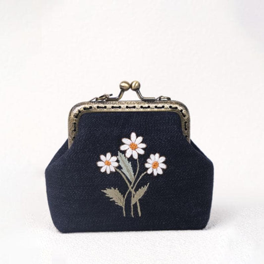 Embroidered Coin Purse with Daisy Flowers
