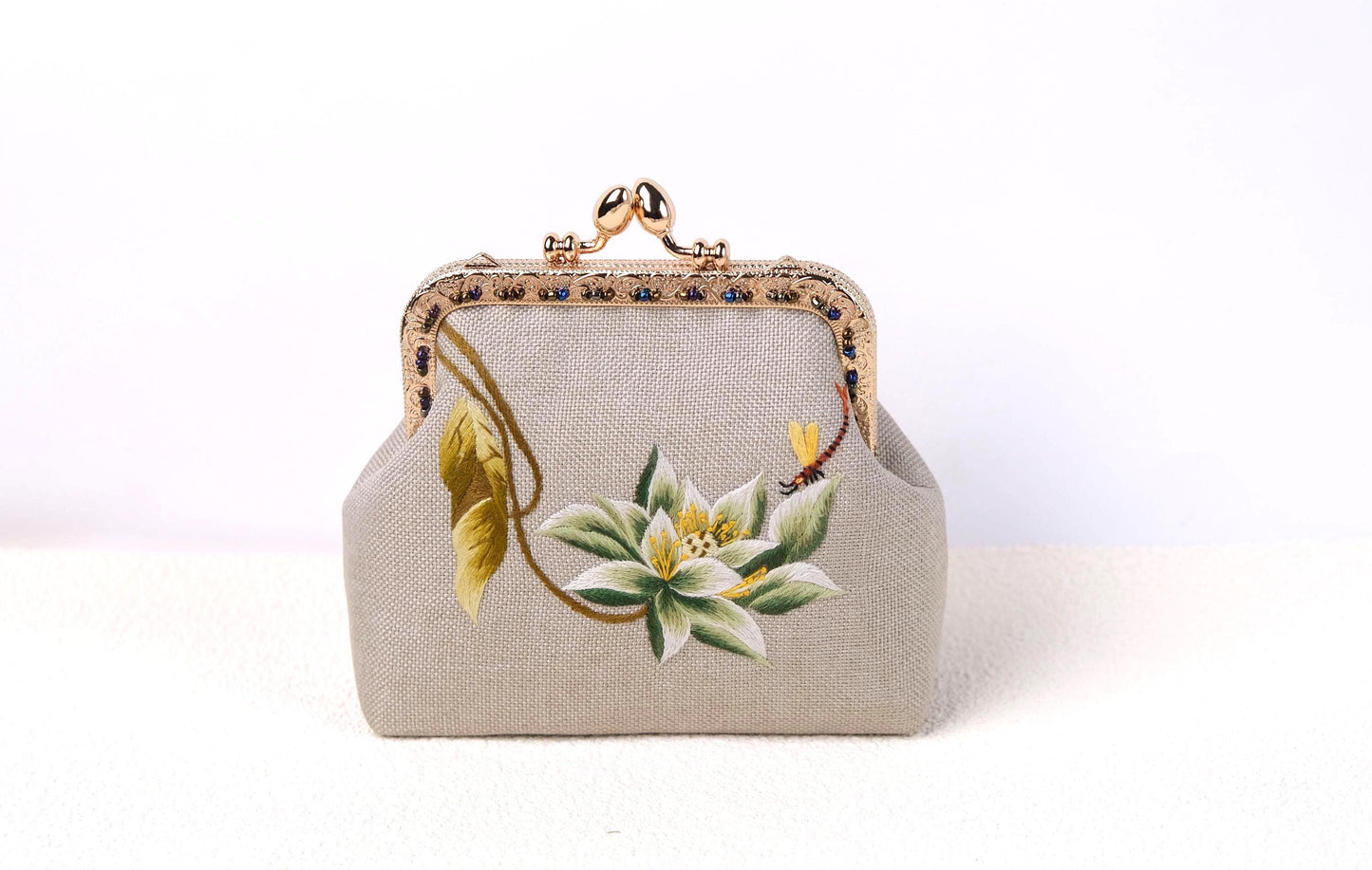 Embroidered Lotus Kiss Lock Purse