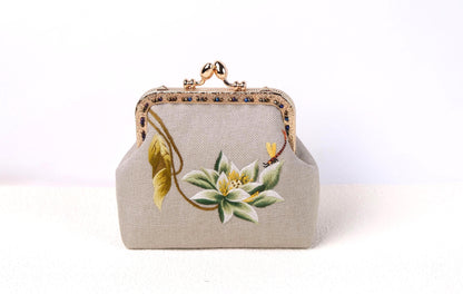 Embroidered Lotus Kiss Lock Purse