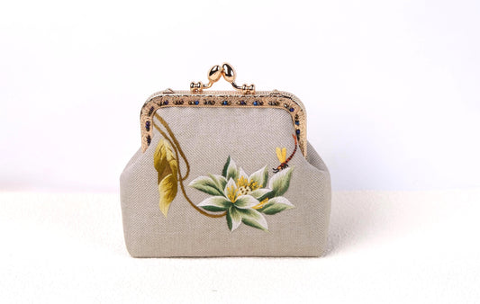 Embroidered Lotus Kiss Lock Purse