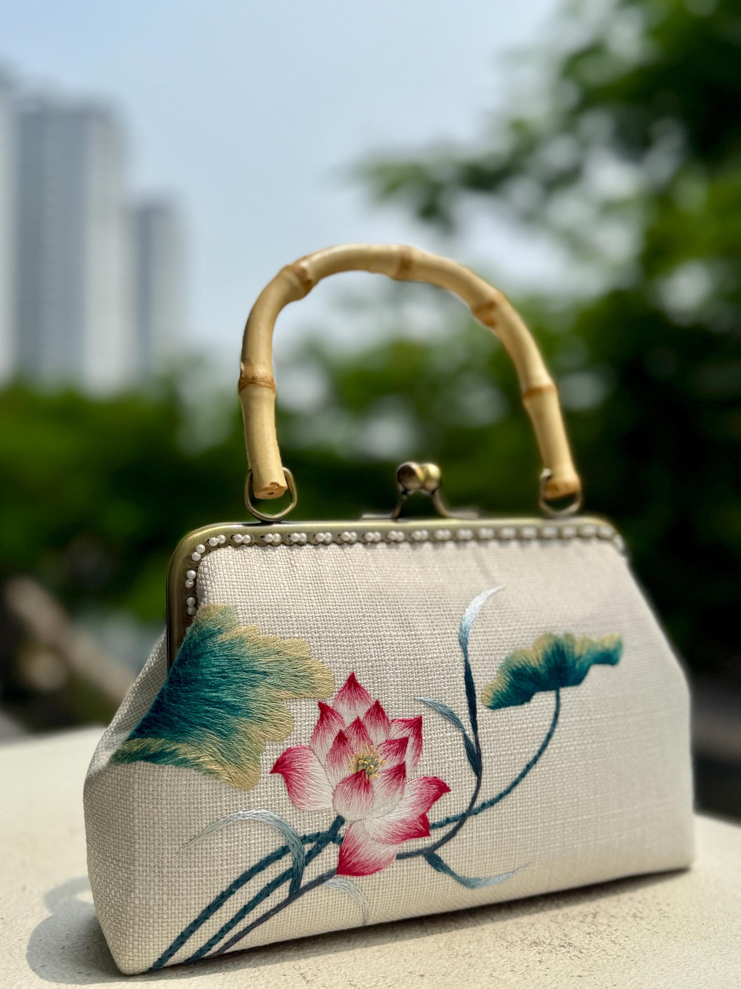 Embroidered Lotus Clasp Bag