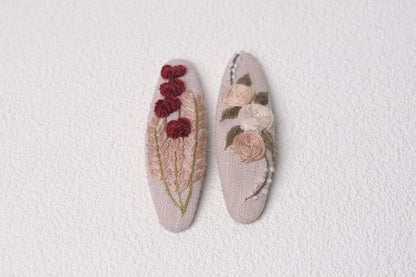 Floral Embroidered Hair Clips, Handmade Linen Barrettes for Girls & Women