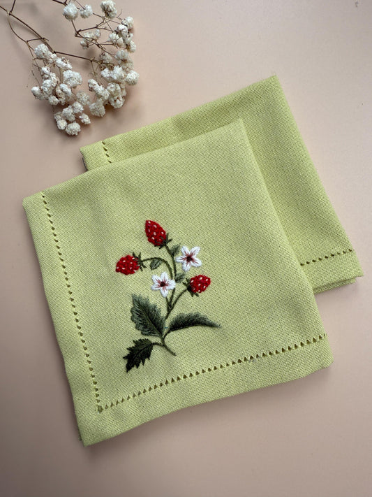 Hand Embroidered Strawberry Handkerchief 4-Sided Hemstitched Linen