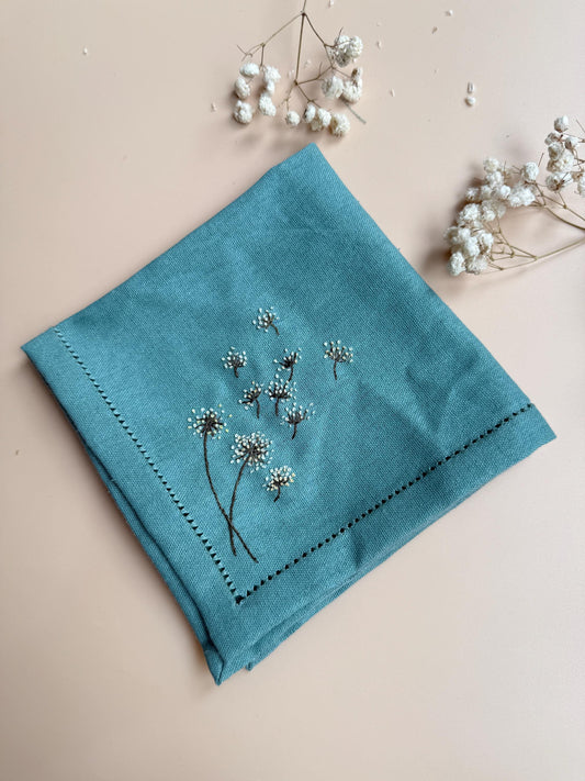 Hand-Embroidered Dandelion Linen Handkerchief with Hemstitch