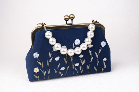 Navy Blue Embroidered Clutch with Pearl Handle